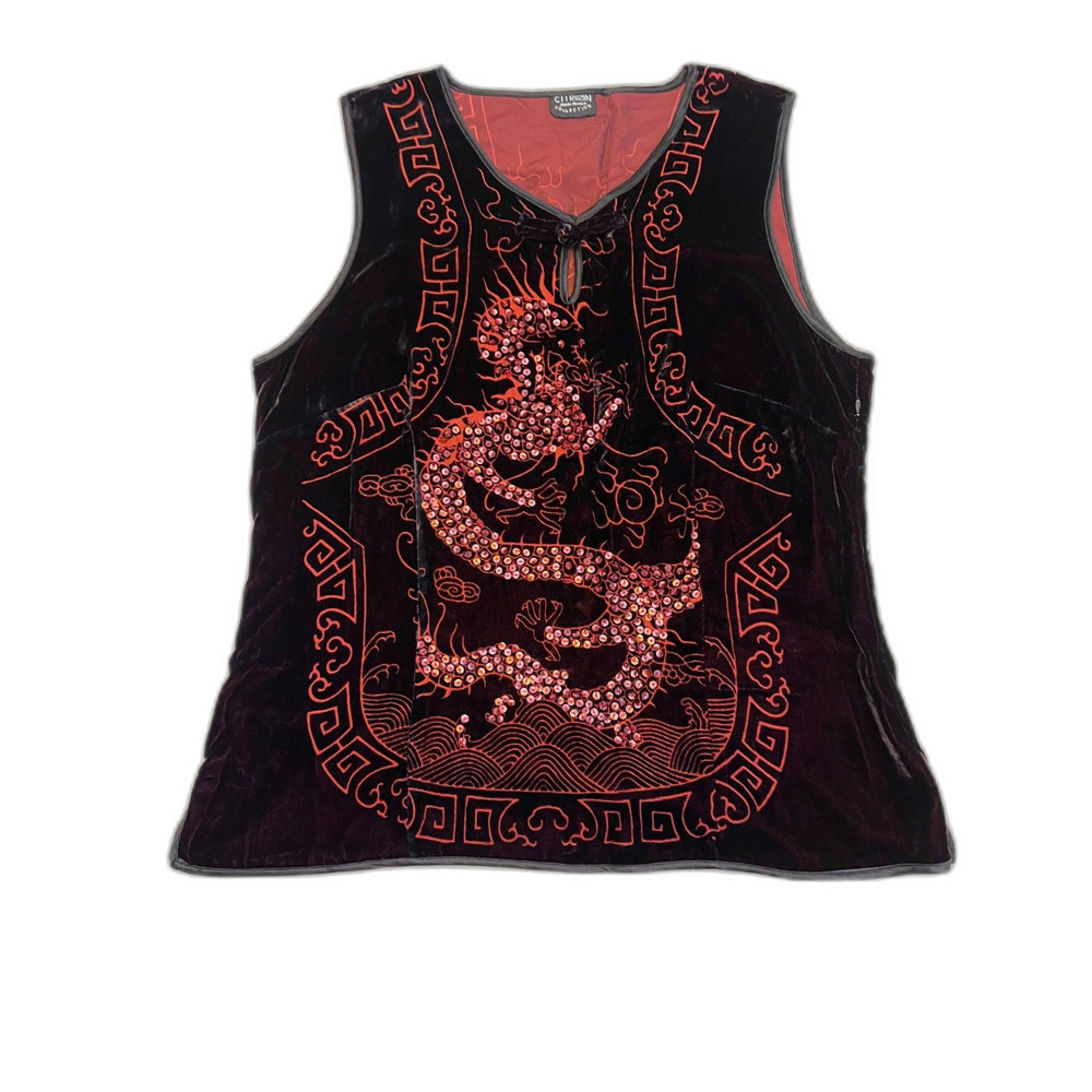 Vintage Citron Santa Monica Dragon Top Velvet Sheer Red Black V-Neck Tank Silk M
